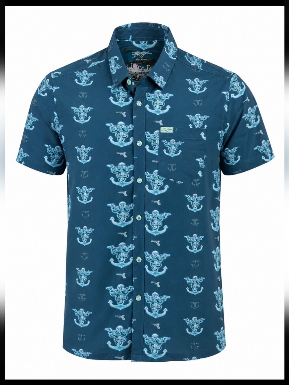 Retro Rifle Glocktopus Performance Button-Up Shirt Octopus Anchor Print Men's M